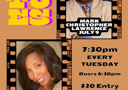 The image is a comedy event poster featuring Doug Starks, Mark Christopher Lawrence, and Ajai Sanders. The event is at The Hills Hotel on Tuesday nights.